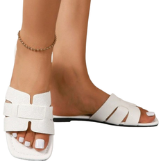 Shein Women's Flat Sandals 2025 New Summer Fashion Square Toe Striped Casual Slip-On, Versatile Summer Slide