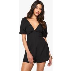 boohoo Womens Linen Tie Back Puff Sleeve Playsuit - Black