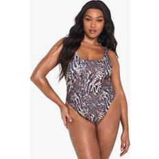 boohoo Womens Plus Swimwear Essentials Leopard Square Neck Swimsuit - Multi