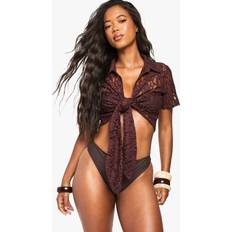 M Swimsuit Cover-Ups & Sarong Wraps boohoo Womens Lace Tie Front Beach Shirt - Brown