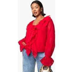 boohoo Womens Plus Chiffon Ruffle Tie Detail Blouse - Red