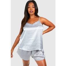 boohoo Womens Plus Satin Stripe Lace Trim Cami Pj Short Set - Grey