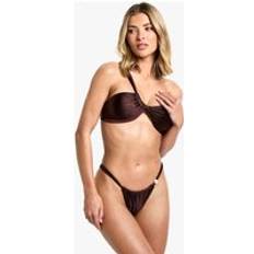 Boohoo Bikini Sets boohoo Womens Pearl Trim Asymmetric Bandeau Bikini Top & Tanga Bikini Bottoms Set - Brown