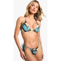 Bikini Sets boohoo Womens Butterfly Print Triangle Bikini Top & Tanga Tie Waist Bikini Bottoms Set - Multi