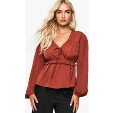 Orange Blouses boohoo Womens Woven Tie Front Peplum Blouse - Orange