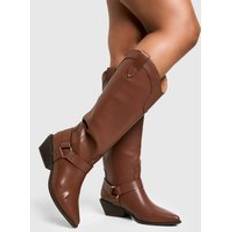 Shoes boohoo Womens Western Style Harness Detail Knee High Boots - Brown