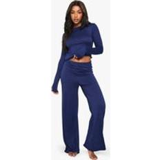 Natural Sleepwear boohoo Womens Loungewear Soft Peached Long Sleeve Top & Trousers Pyjama Set - Navy