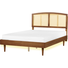White Frame Beds Beliani with LED Rattan 140 x 200 cm Brown Frame Bed