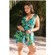 Polyester Swimsuits Yours Tropical Palm Print Tie Shoulder Swimdress - Green