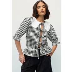 Puff Sleeve Blouses PixieGirl Womens Petite Gingham Tie Front Peplum Top - Black