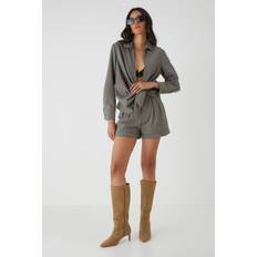 Green - Women Shirts Misspap Linen Look Tie Side Oversized Shirt - Khaki