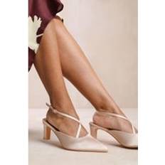Beige - Block Heel Heels & Pumps Where's That From Raizel Wide Fit Pointed Toe Low Block Heel With Cross Over Ankle Strap - Beige