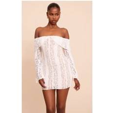 PrettyLittleThing Cream Lace Bardot Long Sleeve Mini Dress - White