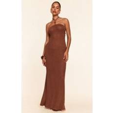 Bruna Saronger & Kimonos PrettyLittleThing Mocha Crochet Bead Trim Halter Neck Maxi Beach Dress - Brown