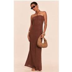 Bruna Saronger & Kimonos PrettyLittleThing Mocha Crochet Bead Trim Halter Neck Maxi Beach Dress - Brown