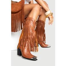 Brown High Boots boohoo Womens Western Stud Fringe Toe Cap - Brown