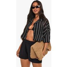 Women Swimsuit Cover-Ups & Sarong Wraps boohoo Womens Beachwear Essentials Striped Cropped Shirt - Black