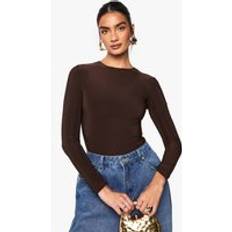 boohoo Womens Double Layer Slinky Long Sleeve Crew Neck Bodysuit - Brown