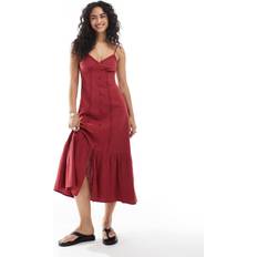 Lace Clothing New Look Button Detail Tiered Hem Midi Dress - Burgundy