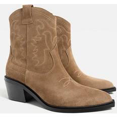 Beige - Block Heel Boots Stradivarius Split Leather Cowboy Ankle Boots - Beige