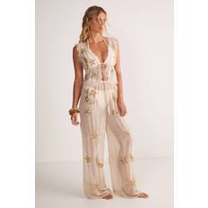 Beige Swimsuit Cover-Ups & Sarong Wraps Embellished Moon & Star Wide Leg Beach Trouser - Beige