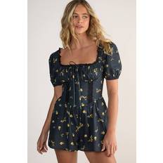Womens Cotton Ditsy Lace Trim Corset Puff Sleeve Playsuit - Black