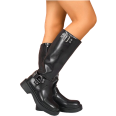Synthetic Leather Boots Shein Perfect With Sweater Style With Black Dress,Women's Fashion Casual Side Zipper Buckle Biker Boots, Black Rubber Shoes, Thick Heeled Western Style Booties For Fall And Winter