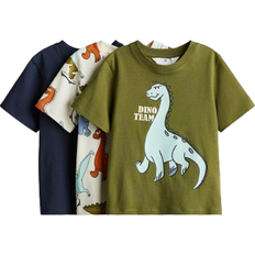 H&M 3-Pack T-Shirt Med Tryck - Khakigrön/Dinosaurier