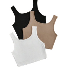 Shein EZwear 3pcs/Pack Black, White & Grey Crew Neck Ultra-Short Casual Fitted Tank Tops For Women, Summer
