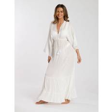 White - Women Swimsuit Cover-Ups & Sarong Wraps South Beach Metallic Kimono Sleeve Maxi Dress - White
