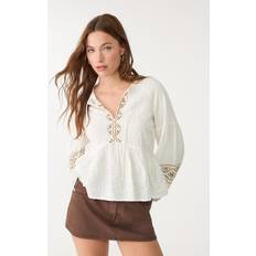Beige - Women Blouses Stradivarius Flowing Embroidered Blouse - Beige