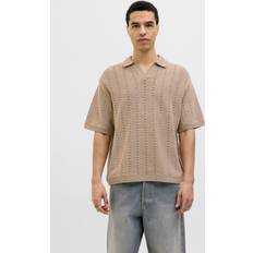Men - Recycled Fabric Polo Shirts Jack & Jones Split Neck Polo Crochet Beige Neutral
