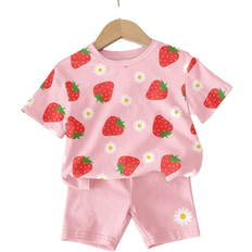 Shein 2pcs/Set Young Girl Casual Simple Strawberry & Daisy Floral Print Short Sleeve Round Neck T-Shirt And Shorts Set, Suitable For Summer Holiday