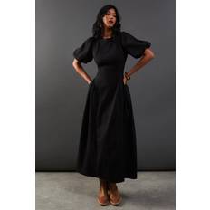 Organza Godet Side Puff Sleeve Midi Dress - Black