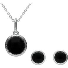 Jewellery Sets C W Sellors Jet Round Stone Brushed Edge Two Piece Set - Sterling Silver