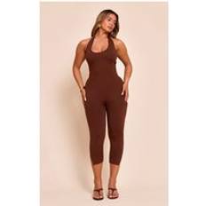 PrettyLittleThing Shape Chocolate Sculpt Halterneck Capri Jumpsuit - Chocolate