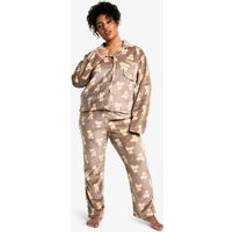 Fleece - Women Pyjamas boohoo Plus Bear Fleece Button Front Pyjama Set - Brown