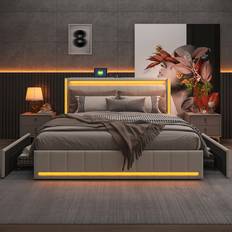 140cm Beds Metro Lane Linen Upholstered With LED Lights 148 x 213 cm Frame Bed