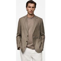 Beige - Men Blazers Mango 100% Linen Slim Fit Blazer - Khaki