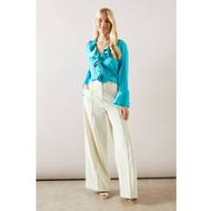 Stripes - Women Blouses Wallis Petite Stripe Crinkle Ruffle Sleeve Blouse - Teal