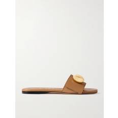 Pebble Embellished Leather Slides - Tan Brown