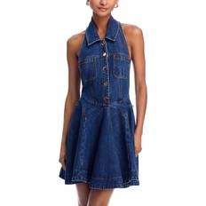 Cotton Denim Flared Mini Dress - Blue