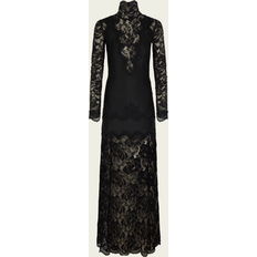 Elegant Floral Lace Maxi Dress with Slit - Black
