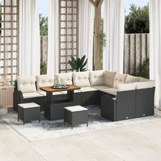 vidaXL 12 Piece Garden Sofa Black Poly Rattan Acacia Patio Dining Set