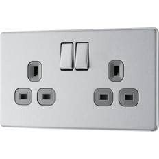Brushed steel sockets GoodHome Brushed Steel Double 13A Socket Grey Inserts
