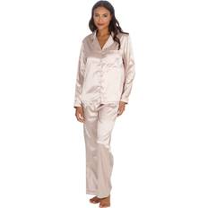 Gold Sleepwear Metzuyan Luxury Satin Long Pyjama Set Button Up Silky 2-Piece - Gold