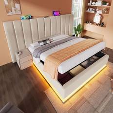 Camas y Colchones Doble Tapizada 180 x 200 Led Y Usb-c Lino Beige Cama con Estructura