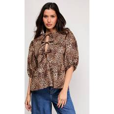 Multicoloured Blouses Warehouse Print Poplin Tie Front Volume Sleeve Blouse - Animal
