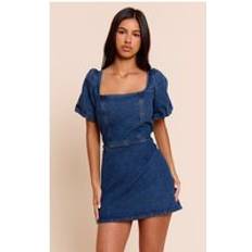 PrettyLittleThing Petite Mid Blue Wash Puff Sleeve Tie Back Denim Dress