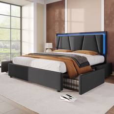 ModernLuxe Adulte 140x200 cm Rembourré 4 Tiroirs LED Lit avec Cadre